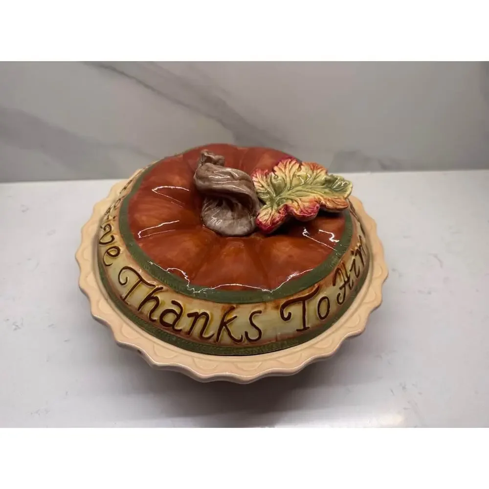 Vintage 10” Ceramic Pumpkin Covered Pie Dish with Lid Fall Thanksgiving